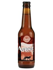 Bottiglia di birra Ameut Drolle, una Red Ale artigianale piemontese con fiori di ibisco e miele di montagna.