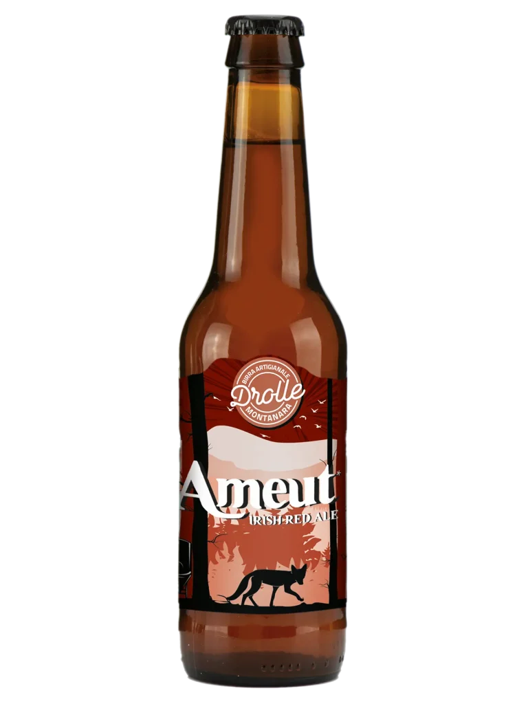 Bottiglia di birra Ameut Drolle, una Red Ale artigianale piemontese con fiori di ibisco e miele di montagna.