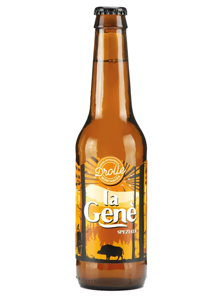 Birra Genè Drolle, birra artigianale speziata ispirata alle birre di fattoria con rami di ginepro e radice di genziana.