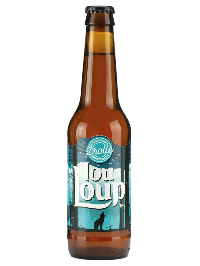 Birra lou Loup Drolle, IPA artigianale con luppolo Comet coltivato in Val Pellice, sentori agrumati, resinosi e aghi di pino.