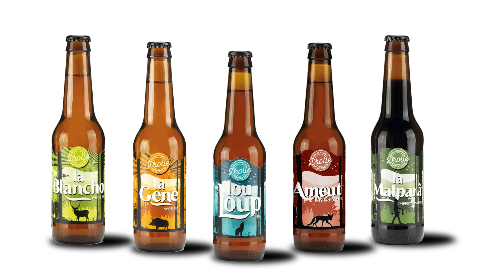 Le cinque birre artigianali Drolle: La Blancho, La Gené, Lou Loup, Ameut e Malparâ.